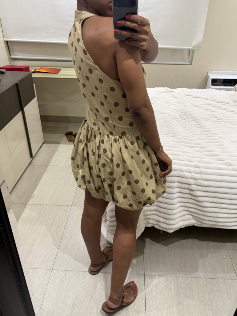 Sleeveless Halter Polka Dot Bubble Hem Mini Dress - Beige - Picture 4 of 5